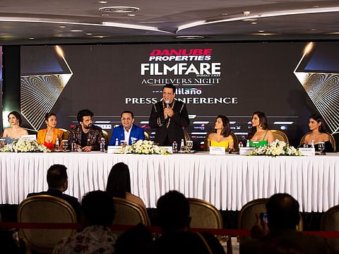 From left Zahrah S Khan , Shehnaaz Gill, Maniesh Paul,, Rizwan Sajan ,Govinda, Nushrratt Bharuccha, Sophie Choudry, Mouni Roy during the Press conference to promote the annual Filmfare Middle East Achievers Night 2022 (FFME 2022).