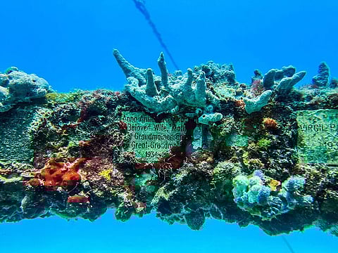 Memorial plaques are placed at the man-made Neptune Memorial Reef, 3.25 miles (5.2 kms) off the coast of Key Biscayne, Florida.