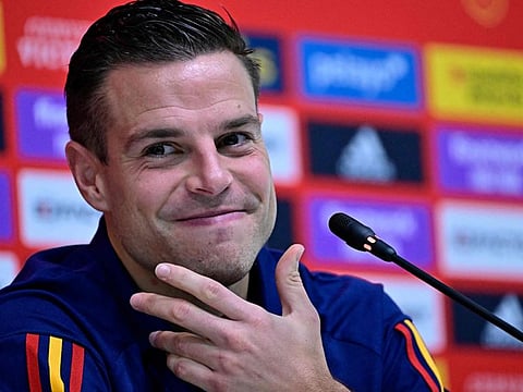 Spain's defender Cesar Azpilicueta attends a press conference at the Qatar University training site in Doha ahead of the Qatar 2022 World Cup.