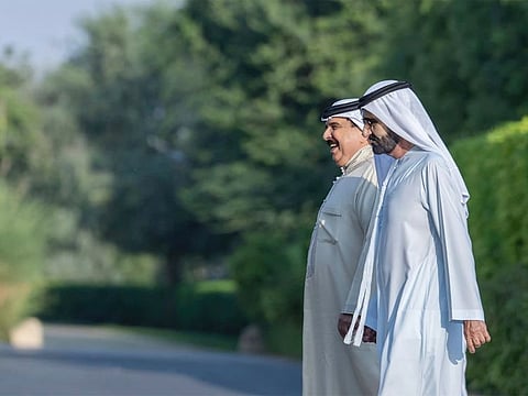 The leaders discussed ways to further boost ties between the UAE and Bahrain in different areas and identify new collaboration opportunities to benefit the people of the two countries.