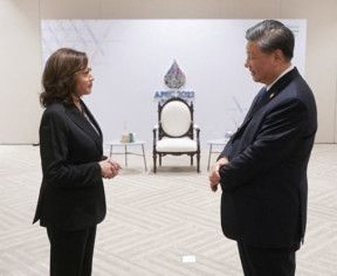 Kamala Harris greets China's President Xi Jinping before the APEC Leaders' Retreat in Bangkok.