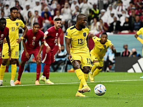 Ecuador's Enner Valencia scores their first goal from the penalty spot against Qatar at the Al Bayt Stadium, Al Khor, during the opening match of the FIFA World Cup Qatar 2022.