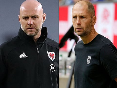(Left) Wales coach Rob Page and United States' coach Gregg Berhalter. Wales take on USA on Monday at the Ahmad Bin Ali Stadium in Al-Rayyan, west of Doha.