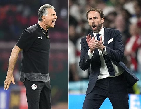 (Left) Iran's Portuguese head coach Carlos Queiroz and England's coach Gareth Southgate. England kick off their campaign against Group B rivals Iran on Monday.