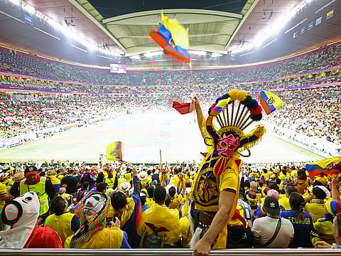 Ecuador fans cheer during the match against Qatar during FIFA World Cup 2022, at Al Bayt Stadium, in Al Khor, Doha, on Sunday.