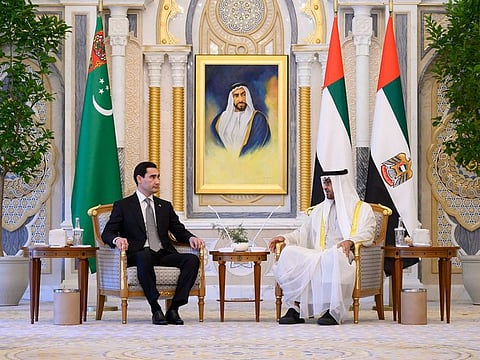 President His Highness Sheikh Mohamed bin Zayed Al Nahyan (right) and President Serdar Berdimuhamedov of Turkmenistan at Qasr Al Watan in Abu Dhabi on Monday