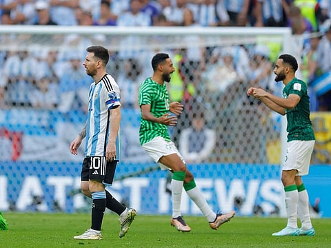 Argentina's forward Lionel Messi leaves the pitch after the Qatar 2022 World Cup Group C match against Saudi Arabia at the Lusail Stadium in Lusail, Doha.