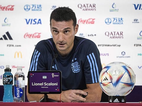 Argentina's coach Lionel Scaloni gives a press conference at the Qatar National Convention Center (QNCC) in Doha ahead of their Qatar 2022 World Cup match against Saudi Arabia today.