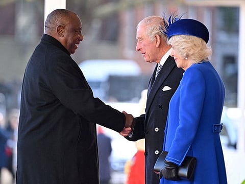 President of South Africa Cyril Ramaphosa shakes hands with King Charles III and Camilla, Queen Consort of the United Kingdom, during the welcome ceremony at Horse Guards Parade on November 22, 2022 in London, England.