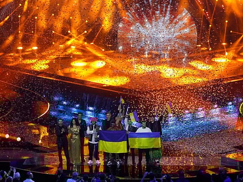 Kalush Orchestra from Ukraine appear on stage after winning the 2022 Eurovision Song Contest in Turin, Italy, May 15, 2022.