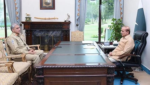 Prime Minister Shehbaz Sharif with Chief of Army Staff General Qamar Javed Bajwa at PM Office in Islamabad on July 1, 2022.