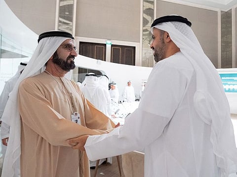 His Highness Sheikh Mohammed bin Rashid Al Maktoum, Vice President and Prime Minister of the UAE and Ruler of Dubai, with Sheikh Theyab bin Mohamed bin Zayed Al Nahyah, Chairman of the Emirates Council for Balanced Development, who will lead the Emirates Villages project
