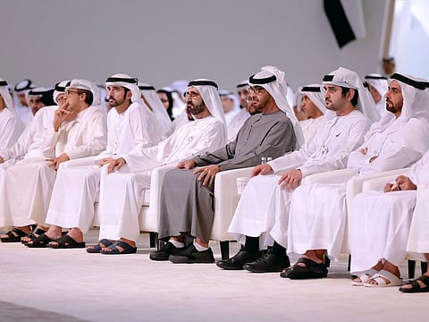 President His Highness Sheikh Mohamed bin Zayed Al Nahyan and His Highness Sheikh Mohammed bin Rashid Al Maktoum, Vice President and Prime Minister of the UAE and Ruler of Dubai, alongside other Sheikhs at the UAE Government Annual Meetings in Abu Dhabi on Wednesday