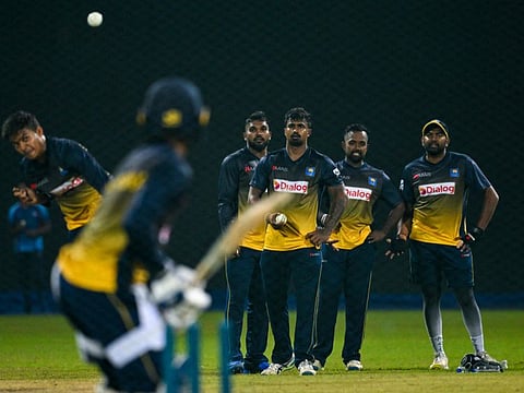 From right: Sri Lanka's Bhanuka rajapaksa, Charith Asalanka, Ashen Bandara and Wanindu Hasaranga look on during a practice session in Kandy on Wednesday.