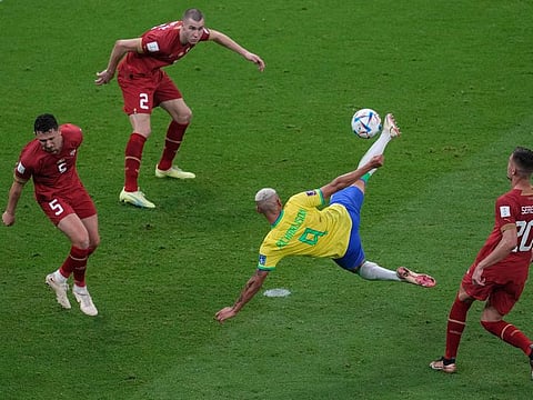 Brazil’s Richarlison scores his second goal against Serbia during the World Cup Group G match at the the Lusail Stadium in Qatar on November 24, 2022. Brazil won 2-0.