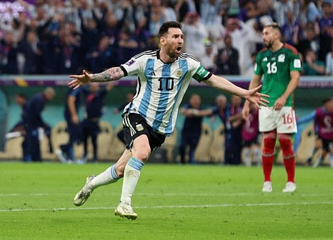 Argentina's Lionel Messi celebrates scoring their first goal against Mexico during the FIFA World Cup Qatar 2022 Group C match at Lusail Stadium, Lusail, Qatar.