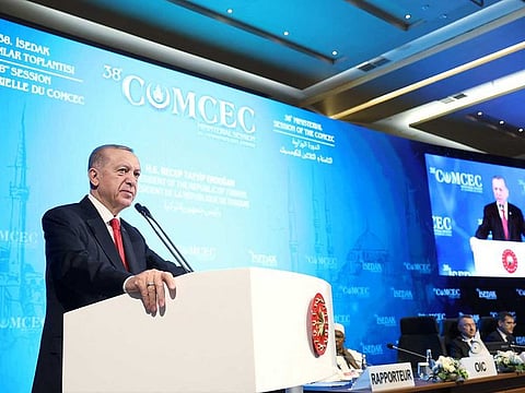 Turkey's President Tayyip Erdogan addresses the members of delegations at the ministerial meeting of COMCEC, an economic cooperation commission of the Organisation of Islamic Cooperation, in Istanbul, Turkey, November 28, 2022.