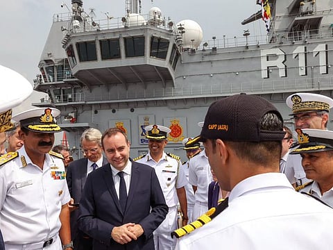 French Minister for the Armed forces, Sebastien Lecornu on board INS Vikrant, on Sunday, November 27, 2022.