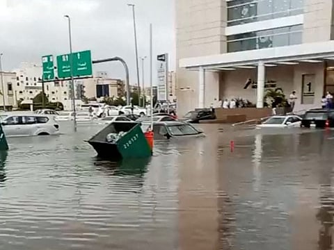 A file picture of submerged cars following heavy rain in Jeddah.