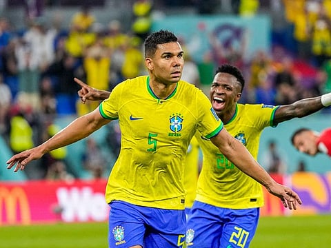 Brazil’s Casemiro celebrates after scoring against Switzerland during the World Cup Group G football match at the Stadium 974 in Doha, Qatar, on November 28, 2022. That was the solitary goal in the game which Brazil struggled to score.