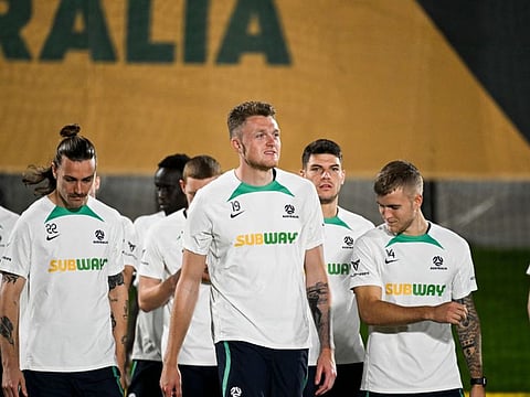 Australia's Harry Souttar (centre) attends a training session at the Aspire Academy in Doha.