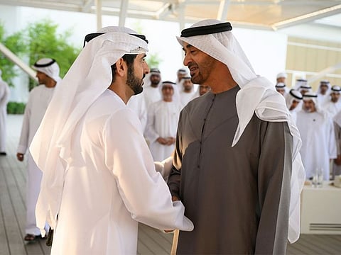 Sheikh Mohamed bin Zayed Al Nahyan receives Sheikh Hamdan at the Qasr Al Bahr Majlis.