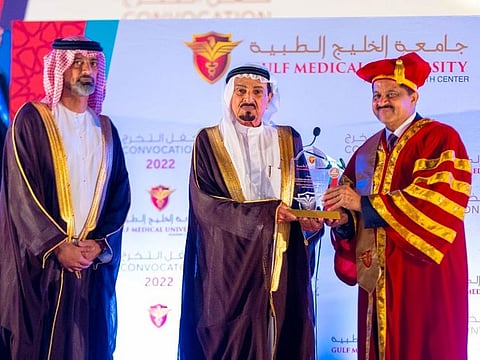 His Highness Sheikh Humaid Bin Rashid Al Nuaimi, Supreme Council Member and Ruler of Ajman and HH Sheikh Ammar Bin Humaid Al Nuaimi, Crown Prince of Ajman felicitated by Dr. Thumbay Moideen – Founder, President Board of Trustees GMU on the 19th Convocation Day
