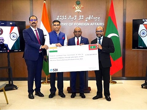 At the ceremony on Tuesday held at the Ministry of Foreign Affairs in Maldives, a symbolic cheque was handed over by the High Commissioner of India Munu Mahawar to the Minister of Foreign Affairs Abdulla Shahid.
