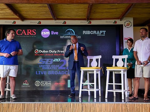 From left: Simon Reeves, Ramesh Cidambi and Michal Pajak, Chairman SB20 UAE, addressing media ahead of the second annual Dubai Duty Free Sailing League Regatta on Wednesday.