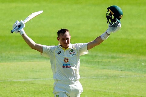 Australia's Marnus Labuschagne celebrates after scoring his century during the first day of the first Test against West Indies in Perth on Wednesday.