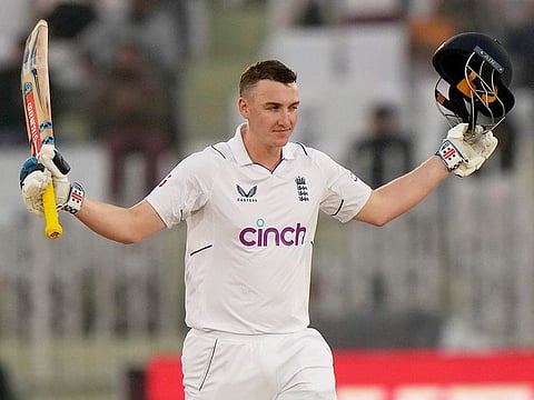 England's Harry Brook celebrates after scoring century during the first day of the first Test match against Pakistan, in Rawalpindi, on December 1, 2022.
