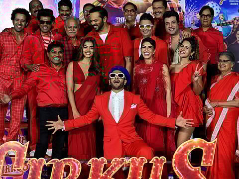 Bollywood actor Ranveer Singh, Pooja Hegde, Jacqueline Fernandez and other cast members pose for pictures during the trailer launch of upcoming film Cirkus in Mumbai.