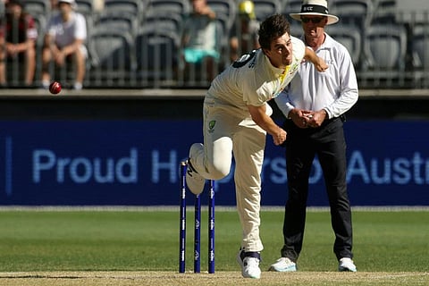 Australia captain Pat Cummins bowls during the third day of the first Test against West Indies at Perth Stadium on Friday.