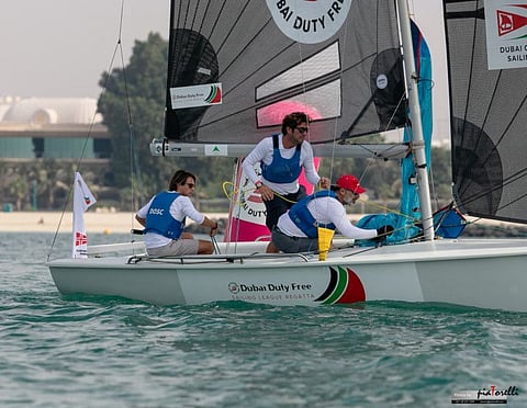 One of the teams in action during the annual Dubai Duty Free Sailing League Regatta at the Dubai Offshore Sailing Club.
