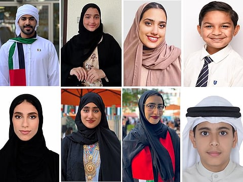 Clockwise from top left: Muath Alnaqbi, Mohammed Al Haddad, Noor Mohammed Aldabal, Mohammed Juma, Mayed Adnan Alawadhi, Rawya Daneshi, Nada Al Suwaidi and Alia Al Janah