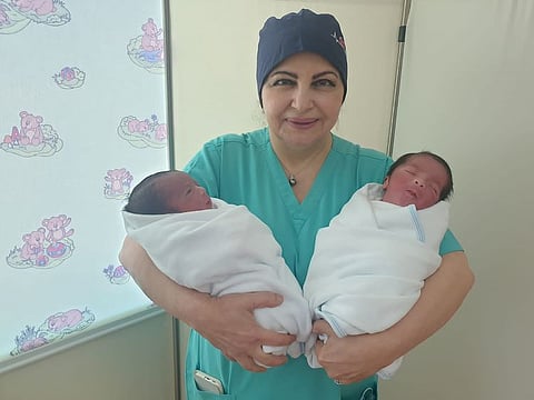 Emirati twin boys Majid and Rashid are the firstborns of Yusuf Mohamed Abdel Rahim. The newborns are seen here with Dr Rabab Hilmy who delivered them at NMC Royal Hospital, Sharjah