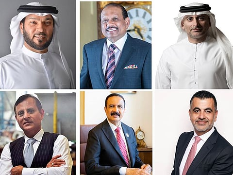 (clockwise from top left) Sultan Abdullah bin Hadda Al Suwaidi, Yusuff Ali M.A., Khaled Al Huraimel, George Saad, Dr Azad Moopen, and Bharat Bhatia