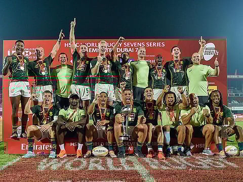 South African Rugby team celebrates after winning the finals against Irland, during the Men's Cup final of the HSBC World Rugby Sevens Series, at The Sevens Stadium in Dubai.