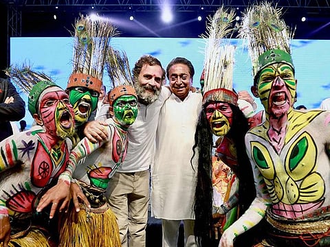 Congress leader Rahul Gandhi poses for a group picture with Madhya Pradesh party chief Kamal Nath and others at a public meeting as the party's Bharat Jodo Yatra enters Rajasthan from Madhya Pradesh, in Jhalawar on Sunday.