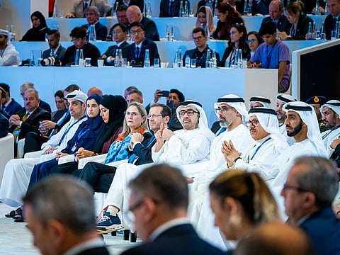 Sheikh Abdullah bin Zayed Al Nahyan (fourth from right in front row), Minister of Foreign Affairs and International Cooperation, and Sheikh Khaled bin Mohamed bin Zayed Al Nahyan, member of the Executive Council and Chairman of the Abu Dhabi Executive Office, and Israeli President Isaac Herzog, at the opening ceremony