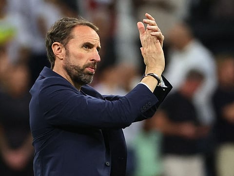 England manager Gareth Southgate applauds the fans after the match against Senegal. England progressed to the quarter finals of the FIFA World Cup where they will meet France.