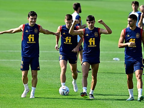 From left: Spain's Hugo Guillamon, Dani Olmo, Pedri and Ferran Torres attend a training session at the base camp of Qatar University in Doha.
