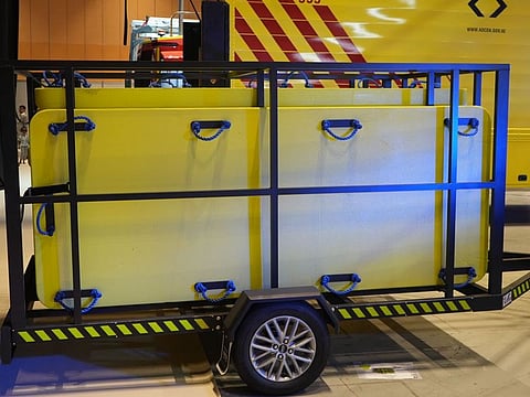 The multi-use rescue board is a specialised survival board used by emergency teams during search and rescue operations. It was made at the technical workshop of Dubai Civil Defence.
