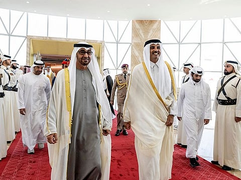 UAE President His Highness Sheikh Mohamed bin Zayed Al Nahyan with Sheikh Tamim bin Hamad Al Thani, Emir of Qatar in Doha earlier today