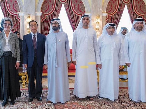 His Highness Sheikh Mohammed bin Rashid Al Maktoum with the winners of the MBR Knowledge Award in Dubai on Tuesday.
