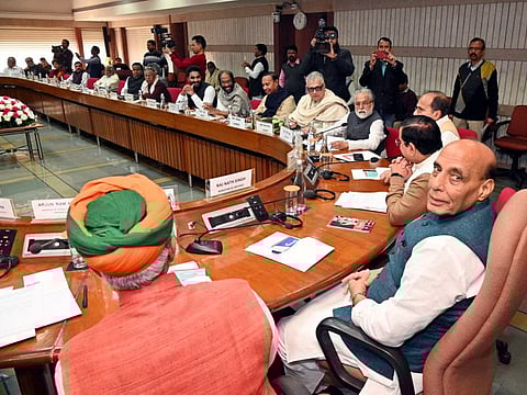 Defence Minister Rajnath Singh with TMC leaders Derek O Brien, Sudip Bandyopadhyay, DMK leader TR Baalu and others attend an all-party meeting on the eve of the Winter Session of Parliament, in New Delhi on Tuesday, December 6, 2022.