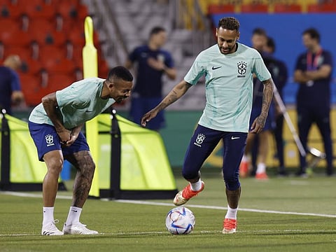 Brazil's Neymar (right) and Gabriel Jesus during training at Al Arabi SC Stadium, Doha, Qatar.