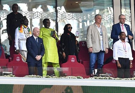 FIFA president Gianni Infantino and Cameroonian Football Federation President Samuel Eto'o are pictured in the stands of the 974 Stadium in Qatar.