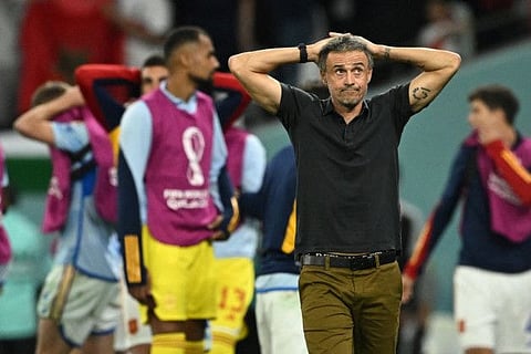 Spain coach Luis Enrique reacts after his team were beaten on penalties by Morocco in the last 16 clash at the Education City Stadium, Al Rayyan, Qatar.