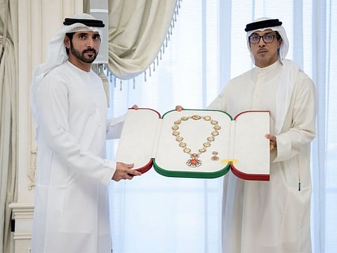Sheikh Hamdan bin Mohammed bin Rashid Al Maktoum, Crown Prince of Dubai and Chairman of the Executive Council, was awarded the Order of the Mother of the Nation by Sheikh Mansour bin Zayed Al Nahyan, Deputy Prime Minister and Minister of Presidential Court
